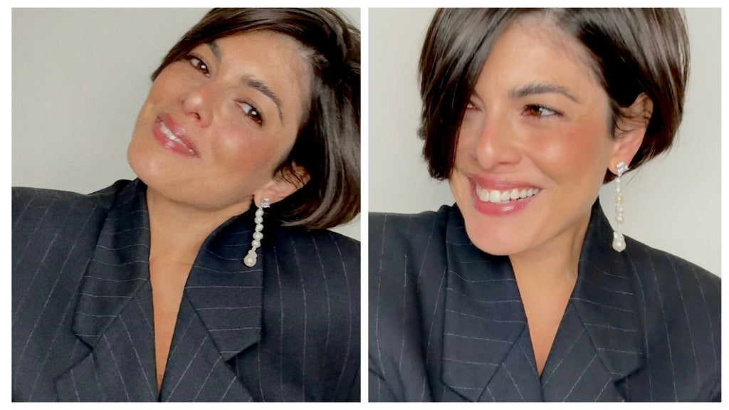 Cyntia Miglio wearing pearl drop earrings from the Bourbon Collection