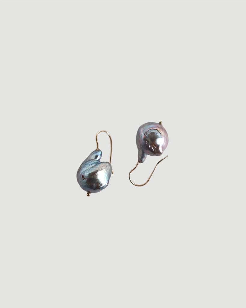 Grey Baroque Hook Earrings in 10k Gold