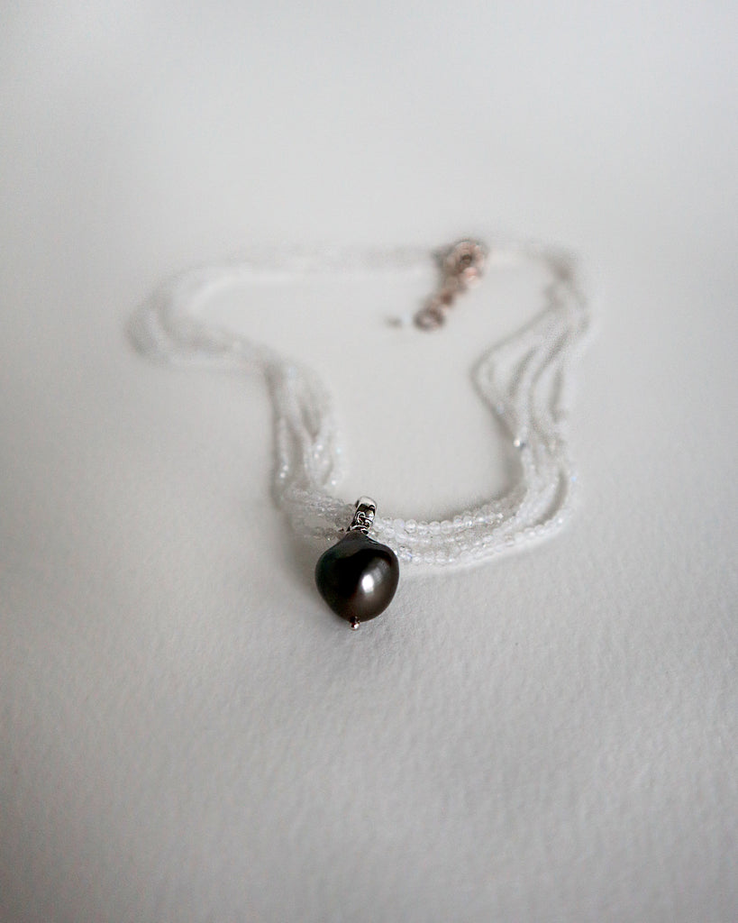 Moon Stone & Black Pearl Diamond cut necklace