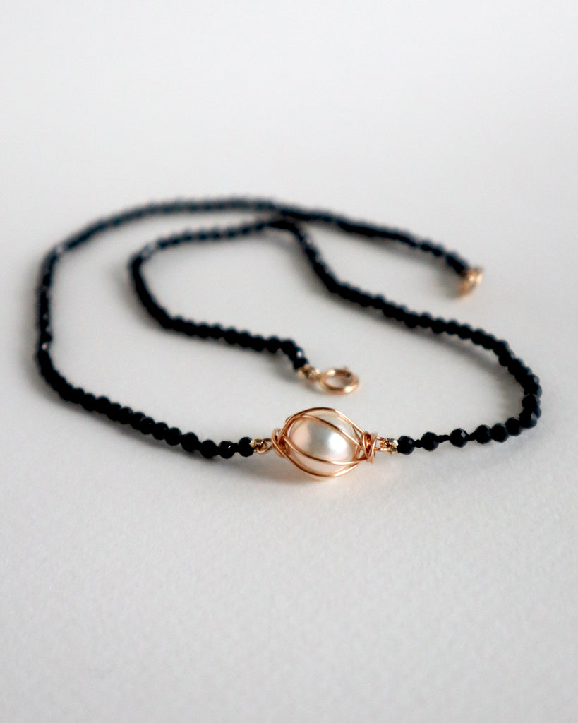 Diamond cut black onyx necklace with pearl